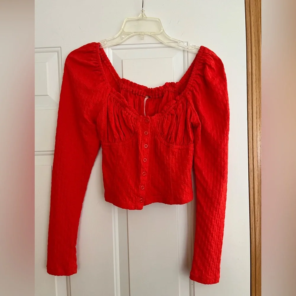Free People Red Long Sleeve Button-Front Crop Top